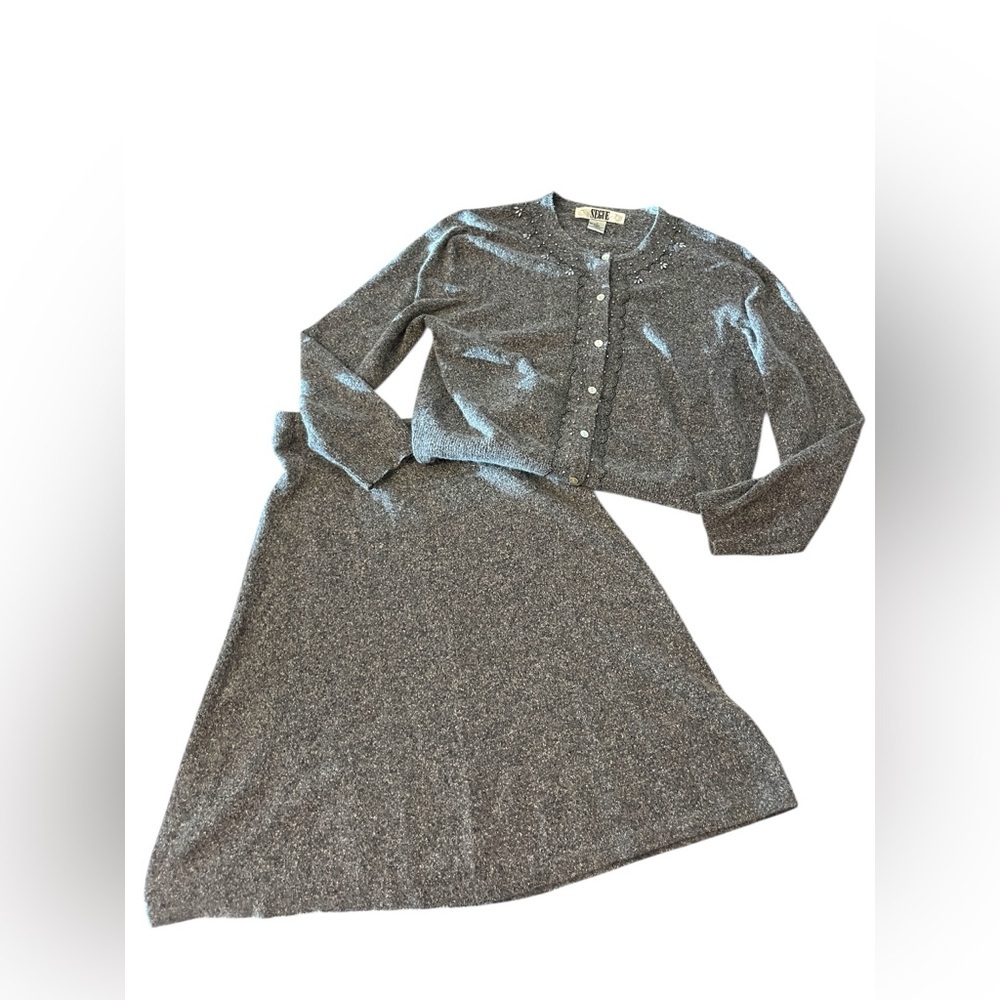 Vintage Segue Silk Angora Rabbit Hair Gray Knit Cardigan and Skirt Set Sz M